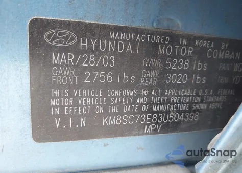 2003 Hyundai Santa Fe Gls/Lx z USA, uszkodzony, nr VIN KM8SC73E83U504398